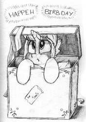 Size: 1280x1805 | Tagged: safe, artist:victoreach, oc, oc only, pony, black and white, box, cute, gift art, grayscale, happy birthday, monochrome, pony in a box, simple background, solo, traditional art, white background