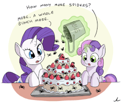 Size: 864x720 | Tagged: safe, artist:docwario, rarity, sweetie belle, pony, spider, g4, adoracreepy, animated, bucket, cake, context is for the weak, creepy, cute, dialogue, duo, female, food, gif, looking at something, magic, open mouth, rarity looking at food, signature, sisters, sweetie belle's magic brings a great big smile, telekinesis, wat, why