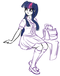 Size: 792x1000 | Tagged: safe, artist:king-kakapo, twilight sparkle, human, g4, clothes, female, humanized, monochrome, school uniform, sitting, sketch, solo