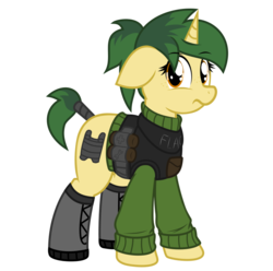 Size: 806x798 | Tagged: safe, artist:coatieyay, oc, oc only, oc:flack, pony, unicorn, boots, bulletproof vest, clothes, cutie mark, floppy ears, freckles, ponytail, shoes, simple background, solo, sweater, tail wrap, transparent background, turtleneck, vector