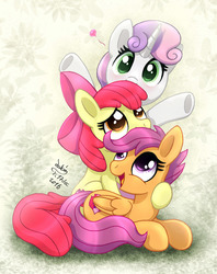 Size: 1425x1800 | Tagged: safe, artist:joakaha, apple bloom, scootaloo, sweetie belle, earth pony, pegasus, pony, unicorn, g4, adorabloom, apple bloom's bow, bow, cute, cutealoo, cutie mark crusaders, diasweetes, female, filly, foal, hair bow, heart, hug, lying down, open mouth, prone, signature, the cmc's cutie marks, trio, underhoof, weapons-grade cute