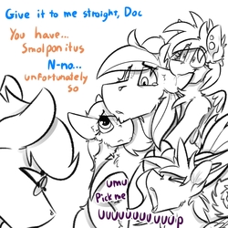 Size: 3000x3000 | Tagged: safe, artist:ralek, oc, oc only, oc:penny, oc:running riot, oc:sapphire sights, oc:umami stale, earth pony, pegasus, pony, crying, dialogue, doctor, drool, gauges, glasses, high res, monochrome, nom