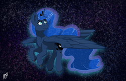 Size: 2048x1325 | Tagged: safe, artist:ivinity-art, princess luna, alicorn, pony, g4, chest fluff, colored hooves, female, fluffy, looking away, looking up, mare, missing accessory, smiling, solo, space, spread wings, stars, tail feathers, turned head, unshorn fetlocks, wings