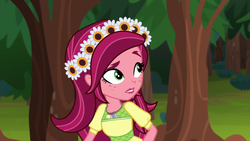 Size: 1280x720 | Tagged: safe, screencap, gloriosa daisy, equestria girls, g4, my little pony equestria girls: legend of everfree, female, flower, magical geodes, solo, tree