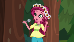 Size: 1280x720 | Tagged: safe, screencap, gloriosa daisy, equestria girls, g4, my little pony equestria girls: legend of everfree, female, magical geodes, microphone, solo, tree