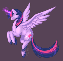 Size: 789x766 | Tagged: safe, artist:tellastar, twilight sparkle, alicorn, pony, g4, eyes closed, female, glowing horn, horn, magic, signature, simple background, solo, spread wings, twilight sparkle (alicorn)