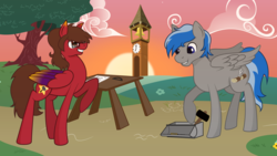 Size: 13333x7500 | Tagged: safe, artist:besttubahorse, artist:paintponi, oc, oc only, oc:starhammer, pegasus, pony, absurd resolution, clock tower, collaboration, duo male, male, smiling, sunset, table, tools, tree, vector