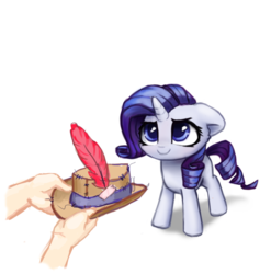 Size: 860x870 | Tagged: safe, artist:inowiseei, part of a set, rarity, human, pony, g4, cute, female, filly, filly rarity, hand, hat, offering, raribetes, simple background, smiling, solo, white background, younger