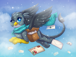 Size: 2000x1500 | Tagged: safe, artist:confetticakez, gabby, griffon, g4, clothes, cute, female, flying, gabbybetes, looking at you, mail, mailbag, pumkinroll is trying to murder us, scarf, snow, solo, spread wings, winter