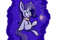 Size: 1280x853 | Tagged: safe, artist:heir-of-rick, rarity, pony, g4, clothes, cute, drink, female, impossibly large ears, levitation, looking up, magic, mug, open mouth, raribetes, scarf, sitting, smiling, solo, steam, telekinesis
