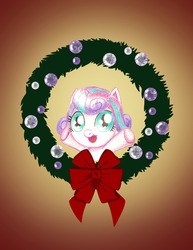 Size: 1280x1656 | Tagged: safe, artist:flutterluv, princess flurry heart, pony, g4, bust, christmas, christmas wreath, female, looking at you, open mouth, smiling, solo, underhoof