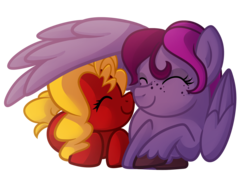 Size: 2152x1601 | Tagged: safe, artist:drawntildawn, oc, oc only, oc:heart hug, oc:pudgy pal, pony, duo, female, hug, lesbian, oc x oc, shipping, simple background, transparent background