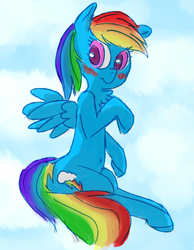 Size: 1400x1800 | Tagged: safe, artist:dragoncircle, rainbow dash, pony, g4, blushing, colored pupils, cute, female, flying, in air, rainbow, sketchy, solo, wings