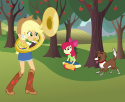 Size: 3752x3084 | Tagged: safe, artist:discorded-joker, artist:haleyc4629, apple bloom, applejack, winona, equestria girls, g4, boots, cowboy boots, high res, listening, music, musical instrument, playing instrument, shoes, sousaphone, tuba, tubajack, watching