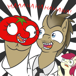 Size: 1000x1000 | Tagged: safe, artist:yakoshi, doctor whooves, roseluck, time turner, earth pony, pony, g4, attack of the killer tomatoes, facial hair, food, laughing, male, moustache, stallion, tomato, wat