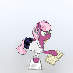 Size: 1000x1000 | Tagged: safe, artist:yakoshi, cheerilee, earth pony, pony, g4, book, female, mouth hold, pencil, solo, studying