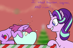 Size: 1500x1000 | Tagged: safe, artist:yakoshi, berry punch, berryshine, starlight glimmer, earth pony, pony, g4, alcohol, chest fluff, christmas lights, christmas tree, dialogue, drinking, duo, eggnog, heart, smiling, text, tree