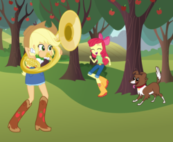 Size: 3768x3088 | Tagged: safe, artist:discorded-joker, artist:haleyc4629, apple bloom, applejack, winona, equestria girls, g4, apple, apple tree, boots, cowboy boots, dancing, food, happy, high res, music, musical instrument, playing instrument, shoes, sousaphone, tree, tuba, tubajack