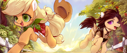 Size: 1851x780 | Tagged: safe, artist:ciciya, applejack, oc, earth pony, pony, g4, clothes, duo, forest, happy, hat, male, open mouth, running, watermark