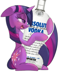 Size: 540x632 | Tagged: safe, artist:kevinsano edits, artist:skutchi, derpibooru exclusive, edit, editor:moonatik, twilight sparkle, pony, unicorn, g4, absolut vodka, alcohol, alcoholism, bedroom eyes, blushing, drool, eyes on the prize, female, floppy ears, holding, hug, looking at something, mare, open mouth, prehensile tail, rubbing, shipping, simple background, sitting, smiling, solo, tail hug, vodka, white background