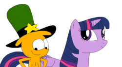 Size: 1024x565 | Tagged: safe, artist:mega-shonen-one-64, twilight sparkle, alicorn, pony, g4, crossover, duo, friendshipping, looking down, simple background, smiling, twilight sparkle (alicorn), wander (wander over yonder), wander over yonder, white background