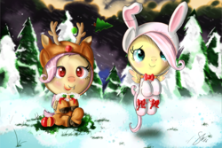 Size: 3000x2000 | Tagged: safe, artist:shogundun, fluttershy, bat pony, pony, g4, animal costume, apple, blushing, bunny costume, clothes, costume, cute, deer costume, filly, filly fluttershy, floating, flutterbat, food, high res, ornament, reindeer costume, self ponidox, signature, sitting, smiling, snow, tree, younger
