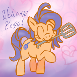 Size: 900x898 | Tagged: safe, artist:lockhe4rt, frying pan (g4), earth pony, pony, g4, viva las pegasus, background pony, dialogue, eyes closed, frying pan, heart, las pegasus resident, raised hoof, smiling, solo