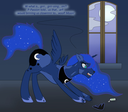 Size: 3250x2850 | Tagged: safe, artist:violetrosefall, princess luna, hengstwolf, werewolf, g4, confused, dialogue, fangs, full moon, high res, magic potion, mid-transformation, moon, paws, potion, solo, transformation, window, wing loss