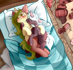 Size: 3110x3000 | Tagged: safe, artist:ruef, oc, oc only, pony, unicorn, bed, blanket, blushing, chest fluff, high res, pillow, pouting, shipping, tsundere