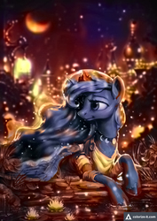 Size: 566x800 | Tagged: safe, artist:assasinmonkey, color edit, edit, princess luna, alicorn, pony, g4, algorithmia, beautiful, canterlot, city, clothes, colored, colorize-it, crescent moon, deep learning, dress, female, jewelry, mare, moon, necklace, night, pond, prone, scenery, solo, stars, water, waterlily