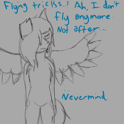 Size: 500x500 | Tagged: artist needed, safe, rainbow dash, g4, ask, despair, despair dash, female, monochrome, sad, sketch, solo, torn ear, tumblr, wings