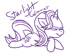 Size: 2337x1737 | Tagged: safe, artist:adorkabletwilightandfriends, starlight glimmer, pony, unicorn, g4, adorkable friends, butt, crossed hooves, female, floppy ears, glare, lidded eyes, monochrome, nose wrinkle, plot, prone, simple background, sketch, smirk, solo, white background