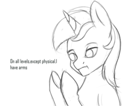 Size: 2390x2000 | Tagged: safe, lyra heartstrings, g4, :t, female, grayscale, high res, humie, lidded eyes, meme, monochrome, on all levels except physical, simple background, solo, underhoof, white background