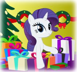 Size: 1961x1833 | Tagged: safe, artist:oshitsukiryuu, rarity, pony, g4, christmas, christmas tree, christmas wreath, female, looking at you, present, solo, tree