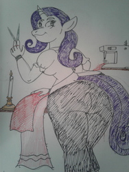 Size: 2048x1536 | Tagged: safe, artist:donastorg, rarity, anthro, g4, ass, bracelet, butt, clothes, female, jewelry, pants, rearity, scissors, sewing, sewing machine, shirt, solo, traditional art