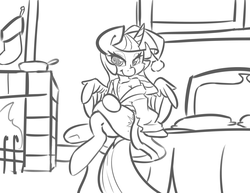 Size: 1280x989 | Tagged: safe, artist:leadhooves, twilight sparkle, alicorn, pony, g4, bed, bedroom eyes, clothes, dock, female, fireplace, hat, monochrome, off shoulder, robe, santa hat, sexy, sketch, smiling, solo, twilight sparkle (alicorn)