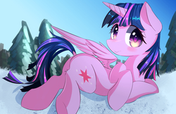 Size: 1785x1155 | Tagged: safe, artist:kawaiipony2, twilight sparkle, alicorn, pony, g4, cute, dock, female, horn, looking at you, lying down, mare, outdoors, prone, snow, solo, tail, tree, twiabetes, twilight sparkle (alicorn), wings