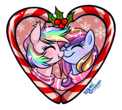 Size: 1024x928 | Tagged: dead source, safe, artist:xwhitedreamsx, oc, oc only, oc:glittering cloud, oc:paper stars, bat pony, pony, blushing, candy, candy cane, clothes, cute, cute little fangs, ear fluff, fangs, female, food, glitterstars, holly, holly mistaken for mistletoe, lesbian, scarf, simple background, smiling, transparent background