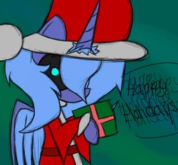 Size: 893x833 | Tagged: safe, artist:booker-the-dewitt, princess luna, pony, loony luna, g4, black sclera, clothes, costume, dialogue, female, hat, present, s1 luna, santa costume, santa hat, sketch, solo