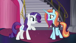Size: 1920x1080 | Tagged: safe, screencap, rarity, sassy saddles, pony, canterlot boutique, g4, clothes, cute, stairs