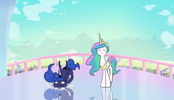 Size: 1280x738 | Tagged: safe, artist:doublewbrothers, princess celestia, princess luna, pony, g4, animated at source, derp, duo, eyes closed, faceplant, faic, majestic as fuck, royal sisters, silly, silly pony, thought crimes, tripping