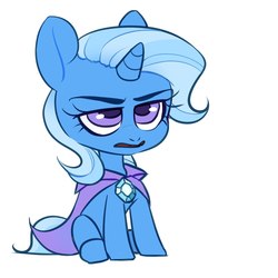 Size: 1080x1080 | Tagged: safe, artist:aphphphphp, trixie, pony, unicorn, g4, female, mare, missing accessory, open mouth, simple background, sitting, solo, trixie's cape, unamused, white background