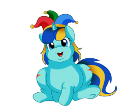Size: 2430x2069 | Tagged: safe, artist:pridark, oc, oc only, oc:jester bells, pony, unicorn, chubby, cute, double chin, female, hat, high res, jester, jester hat, mare, sitting, smiling, solo