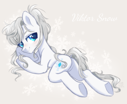 Size: 4027x3307 | Tagged: safe, artist:hawthornss, pony, blushing, butt, dock, high res, long mane, long tail, looking at you, male, plot, ponified, prone, simple background, solo, stallion, text, underhoof, viktor nikifirov, yuri on ice
