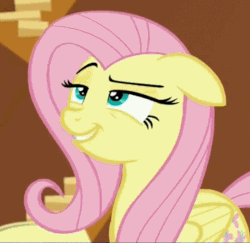 Size: 566x550 | Tagged: safe, screencap, fluttershy, pony, dungeons and discords, g4, season 6, animated, cropped, dreamworks face, female, floppy ears, gif, lidded eyes, loop, raised eyebrow, smiling, smirk, smug, smugshy, solo, stairs