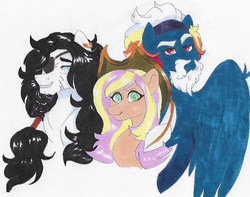 Size: 695x547 | Tagged: safe, artist:frozensoulpony, oc, oc only, oc:bluebeard, oc:fury spectrum, oc:gingersnap, pegasus, pony, beard, cowboy hat, eyepatch, facial hair, hat, offspring, older, parent:big macintosh, parent:fluttershy, parent:rainbow dash, parent:thunderlane, parents:fluttermac, parents:thunderdash, stetson, traditional art