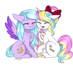 Size: 3000x2713 | Tagged: safe, artist:ohhoneybee, oc, oc only, oc:dawnlight, oc:moonflare, pegasus, pony, unicorn, bow, chest fluff, eyes closed, female, hair bow, heart, high res, mare, simple background, sitting, transparent background