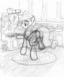 Size: 2056x2464 | Tagged: safe, artist:ciaran, derpibooru exclusive, applejack, earth pony, pony, g4, bellows, caption, female, food, high res, kitchen, monochrome, pie, sketch, solo, stove, traditional art