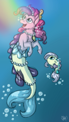 Size: 720x1280 | Tagged: safe, artist:sweetheart-arts, fluttershy, pinkie pie, earth pony, fish, mermaid, merpony, pony, g4, ariel, bubble, duo, fishified, flounder (the little mermaid), floundershy, flutterfish, jewelry, looking up, mermaidized, necklace, partiel, pinkie tales, species swap, the little mermaid, underwater