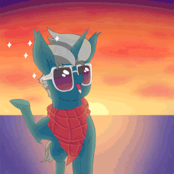 Size: 958x958 | Tagged: safe, artist:dragonpone, derpibooru exclusive, fashion plate, pony, unicorn, animated, chest fluff, cloud, cloudy, ear fluff, eyes closed, fabulous, gif, male, ocean, open mouth, raised hoof, sky, smiling, solo, sparkles, stallion, sun, sunglasses, sunset, underhoof, windswept mane